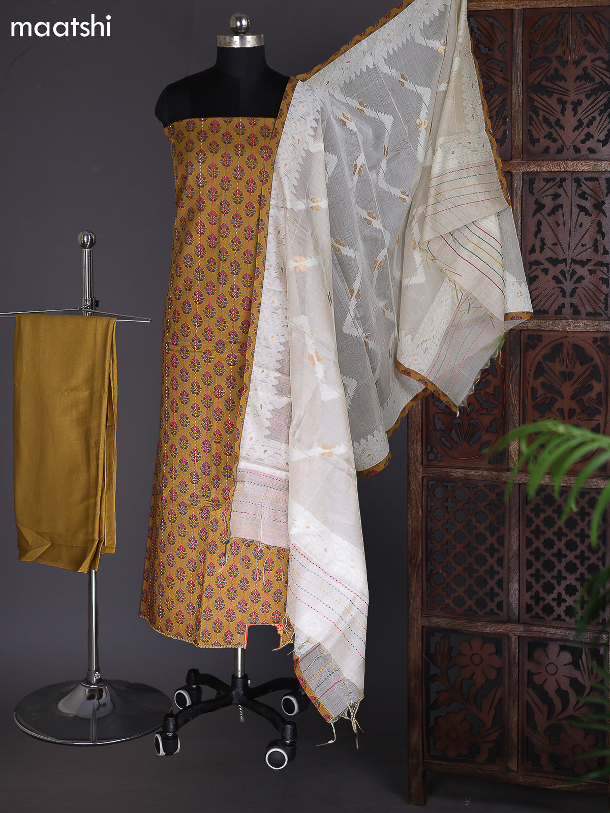 Drak Mustard and Beige Cotton Dress Material With Printed Buttas & Kantha Stich Work Pattern