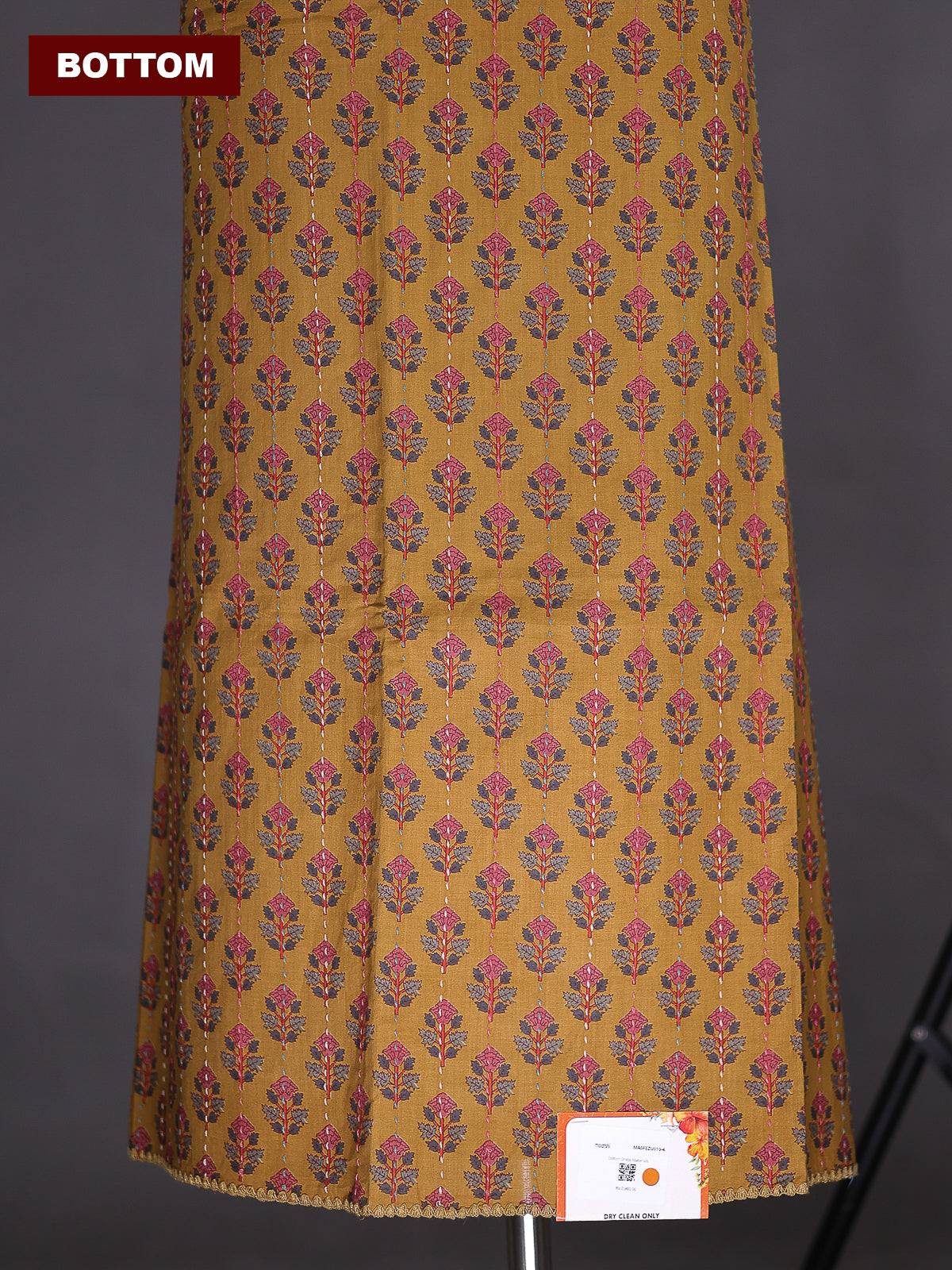 Drak Mustard and Beige Cotton Dress Material With Printed Buttas & Kantha Stich Work Pattern