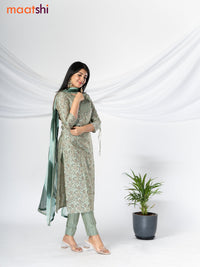 Modal readymade salwar suit pastel green with allover prints & sequin work neck pattern and straight cut pant & chiffon sequin work dupatta