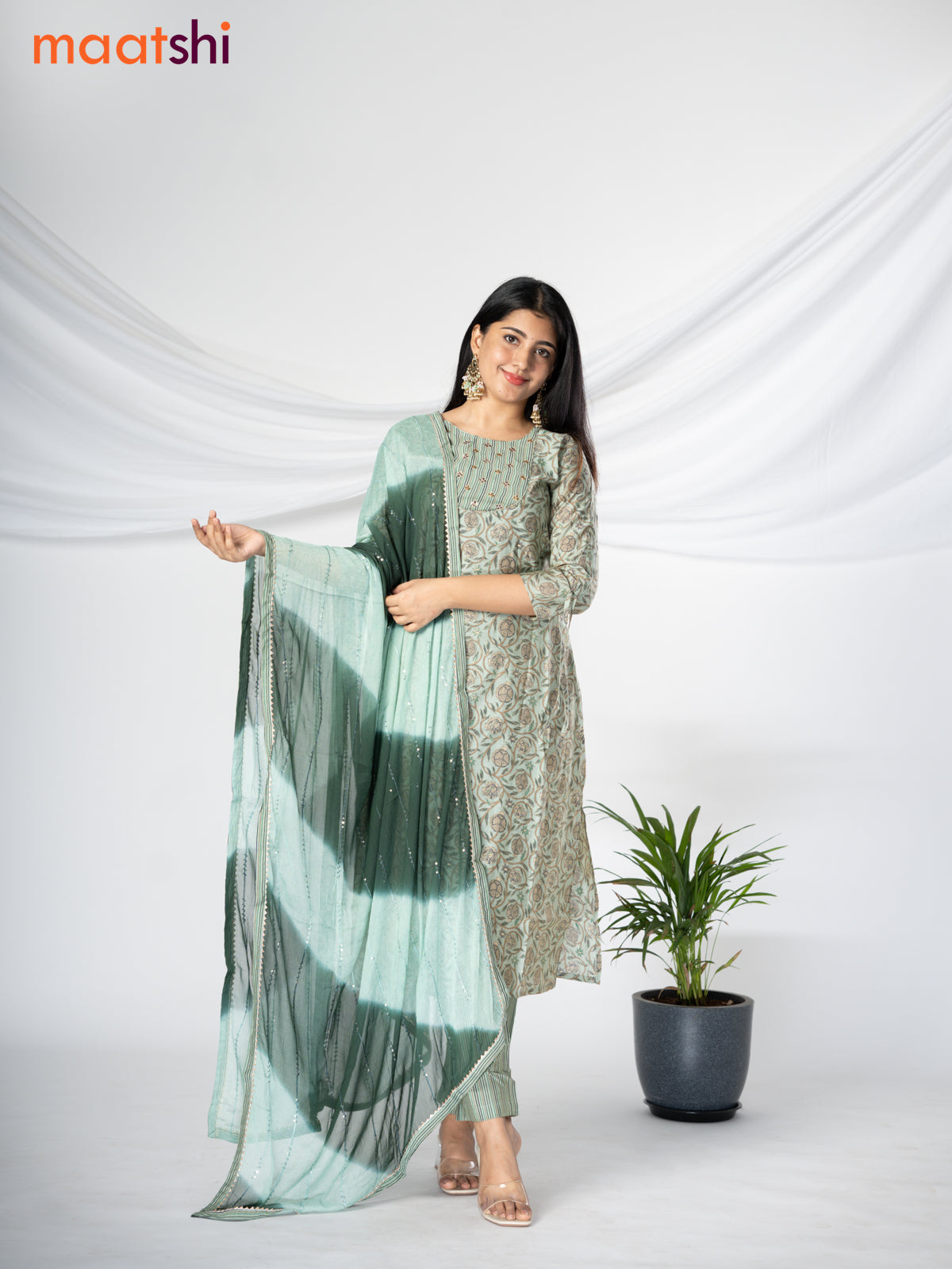 Modal readymade salwar suit pastel green with allover prints & sequin work neck pattern and straight cut pant & chiffon sequin work dupatta