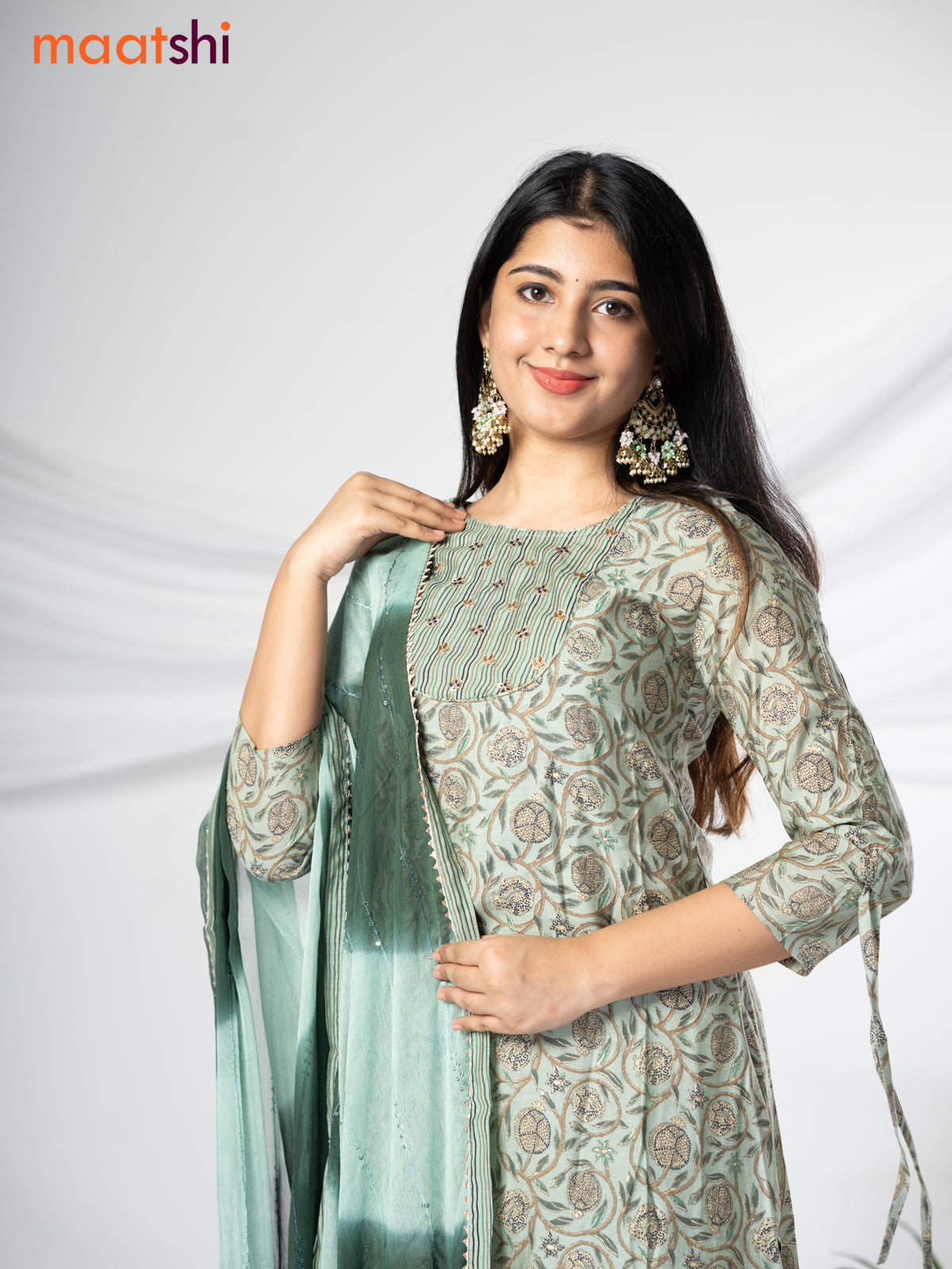 Modal readymade salwar suit pastel green with allover prints & sequin work neck pattern and straight cut pant & chiffon sequin work dupatta
