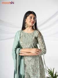Modal readymade salwar suit pastel green with allover prints & sequin work neck pattern and straight cut pant & chiffon sequin work dupatta