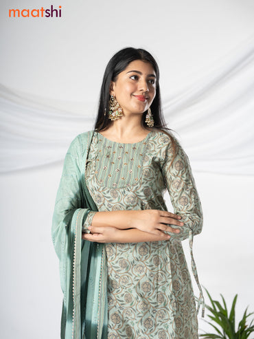 Modal readymade salwar suit pastel green with allover prints & sequin work neck pattern and straight cut pant & chiffon sequin work dupatta