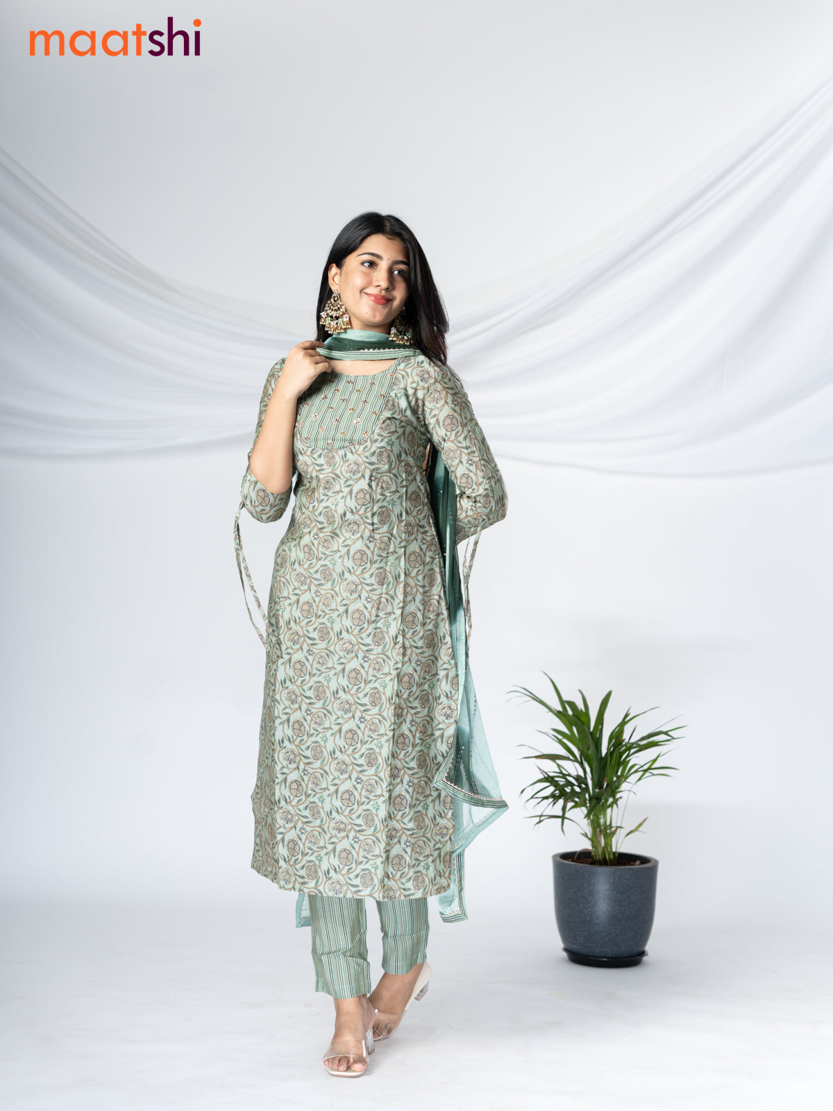 Modal readymade salwar suit pastel green with allover prints & sequin work neck pattern and straight cut pant & chiffon sequin work dupatta