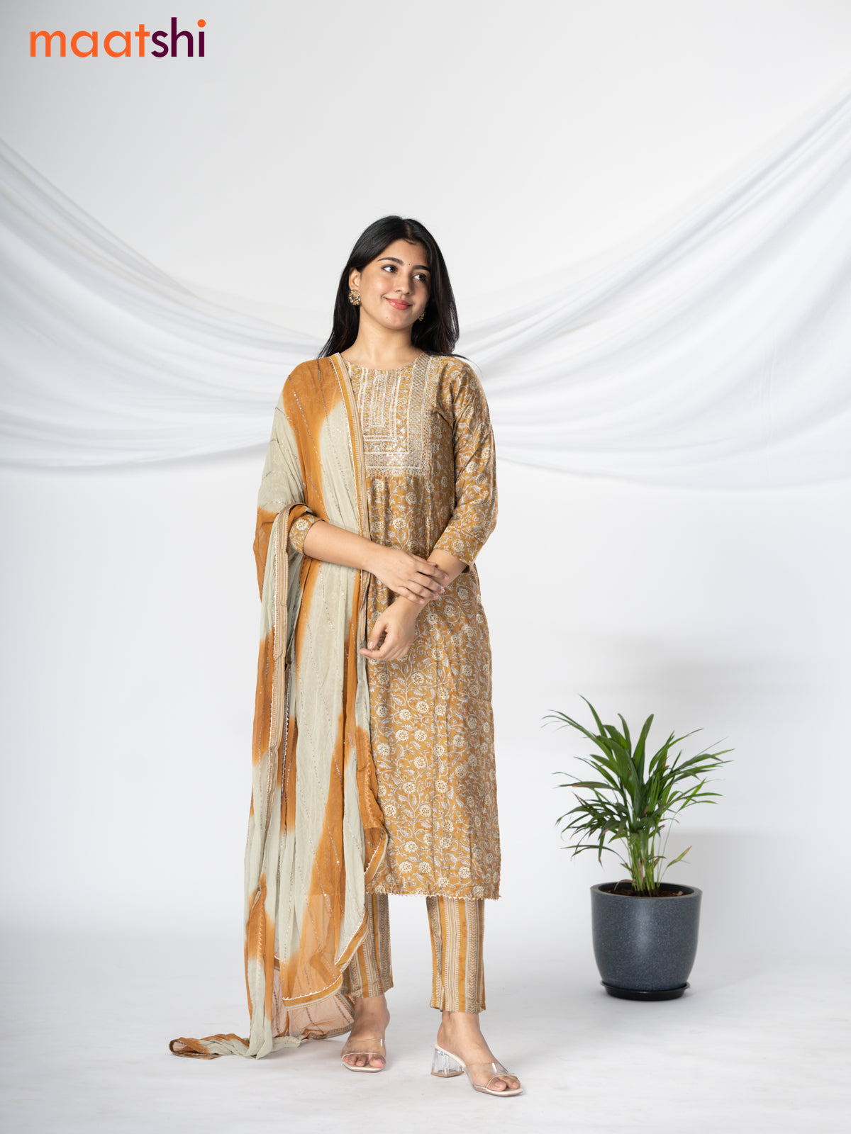 Modal readymade salwar suit mustard shade and pastel grey with allover prints & sequin work neck pattern and straight cut pant & chiffon sequin work dupatta