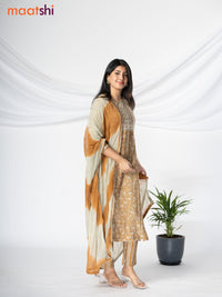 Modal readymade salwar suit mustard shade and pastel grey with allover prints & sequin work neck pattern and straight cut pant & chiffon sequin work dupatta