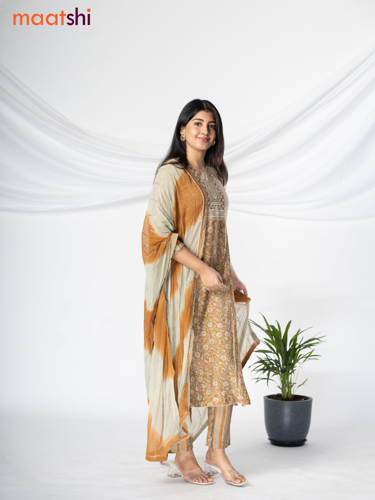 Modal readymade salwar suit mustard shade and pastel grey with allover prints & sequin work neck pattern and straight cut pant & chiffon sequin work dupatta