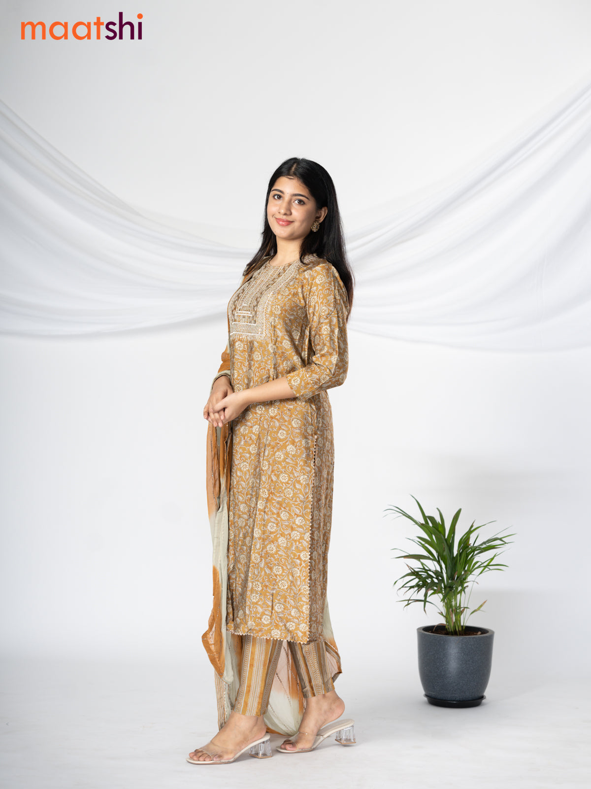 Modal readymade salwar suit mustard shade and pastel grey with allover prints & sequin work neck pattern and straight cut pant & chiffon sequin work dupatta