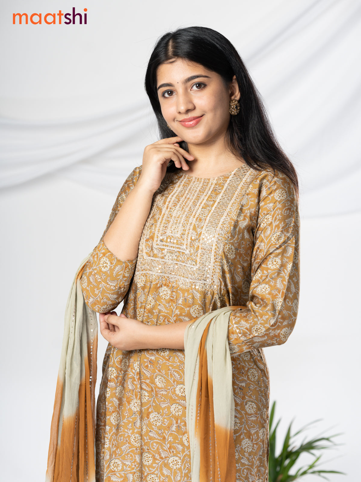 Modal readymade salwar suit mustard shade and pastel grey with allover prints & sequin work neck pattern and straight cut pant & chiffon sequin work dupatta
