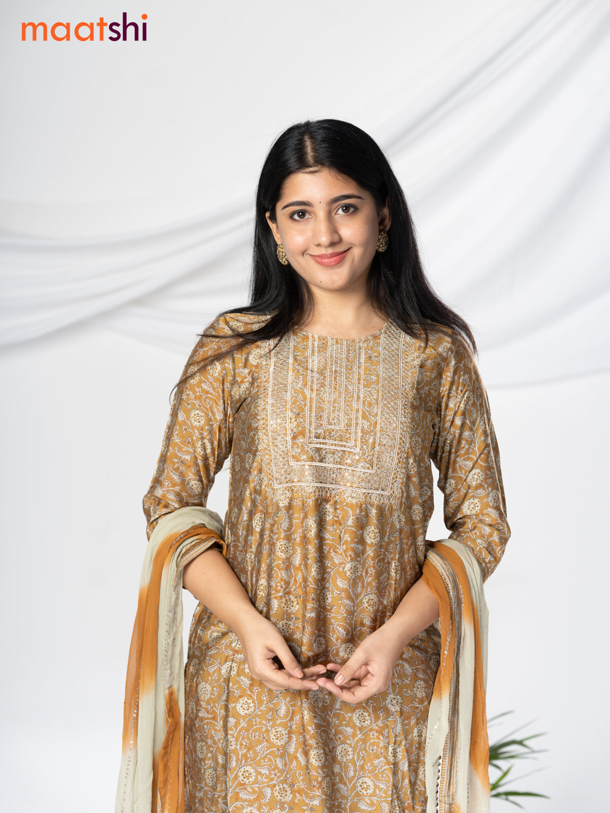 Modal readymade salwar suit mustard shade and pastel grey with allover prints & sequin work neck pattern and straight cut pant & chiffon sequin work dupatta