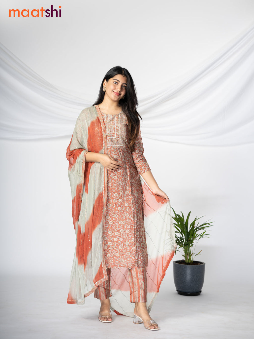 Modal readymade salwar suit pastel rust shade and pastel grey with allover floral prints & sequin work neck pattern and straight cut pant & chiffon sequin work dupatta