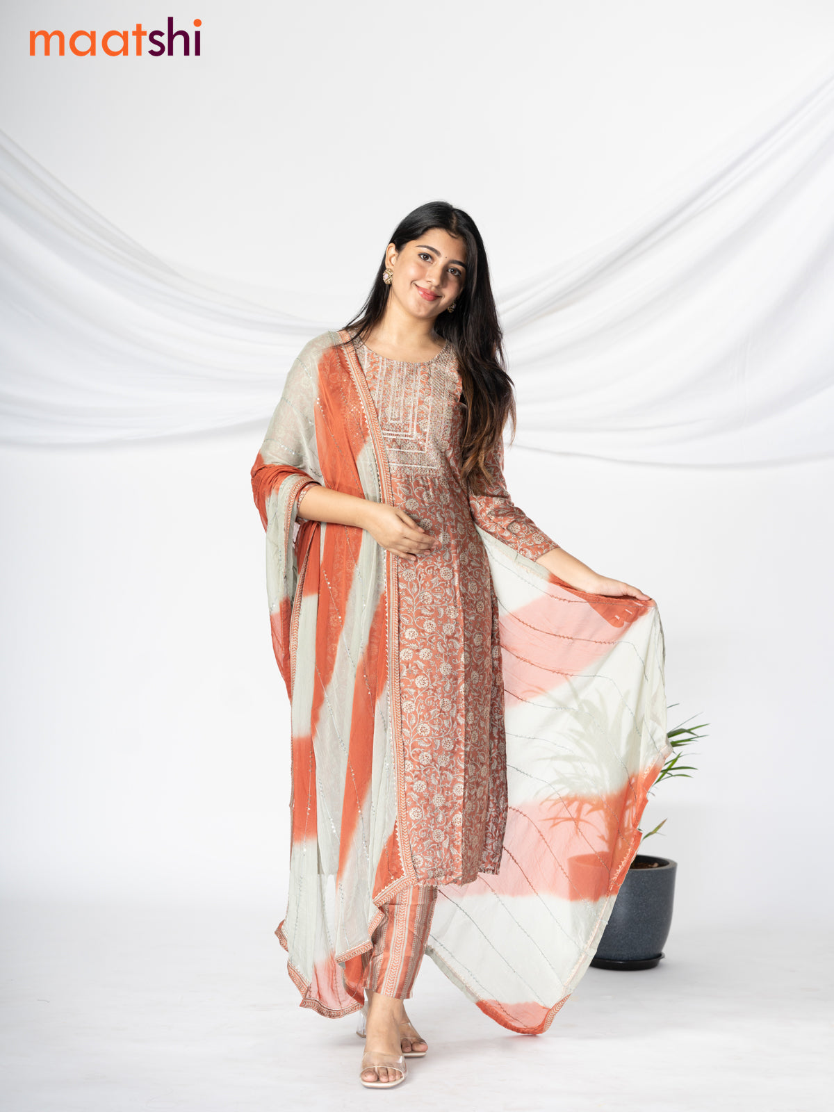 Modal readymade salwar suit pastel rust shade and pastel grey with allover floral prints & sequin work neck pattern and straight cut pant & chiffon sequin work dupatta