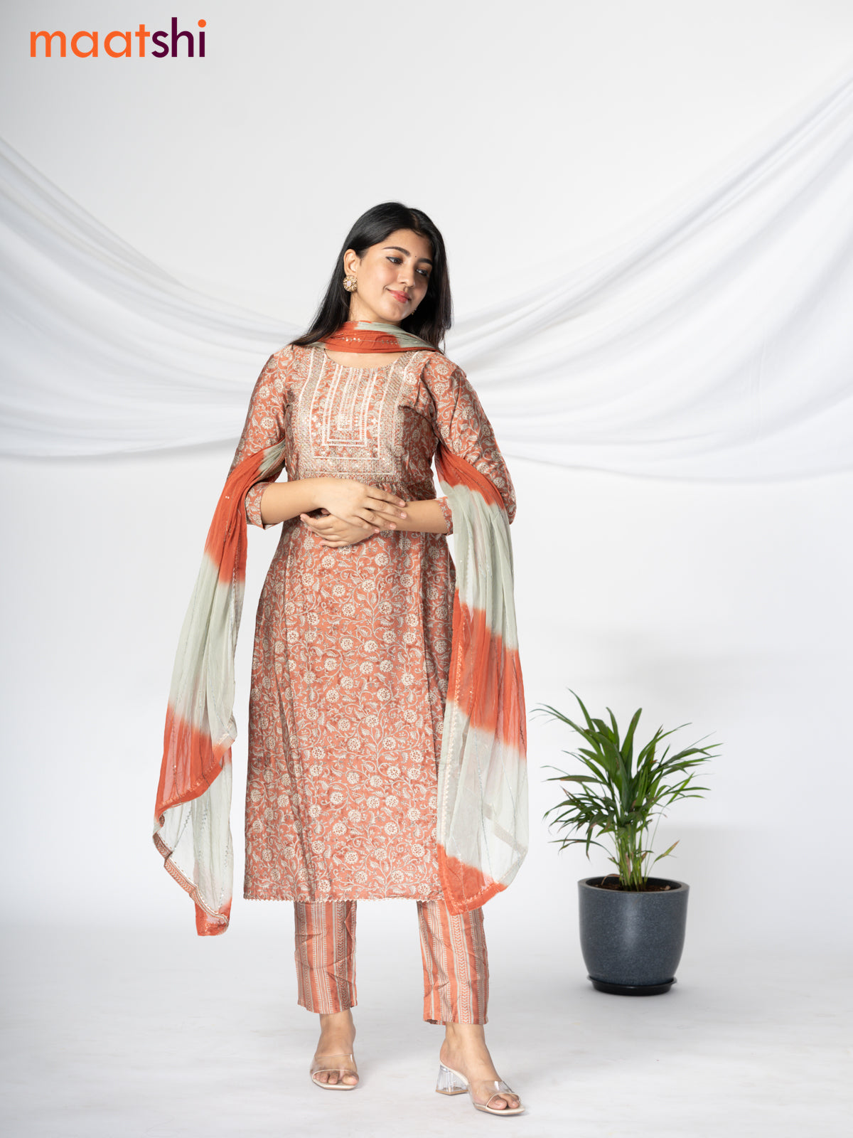 Modal readymade salwar suit pastel rust shade and pastel grey with allover floral prints & sequin work neck pattern and straight cut pant & chiffon sequin work dupatta