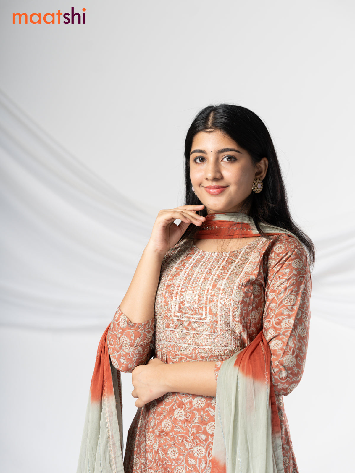 Modal readymade salwar suit pastel rust shade and pastel grey with allover floral prints & sequin work neck pattern and straight cut pant & chiffon sequin work dupatta