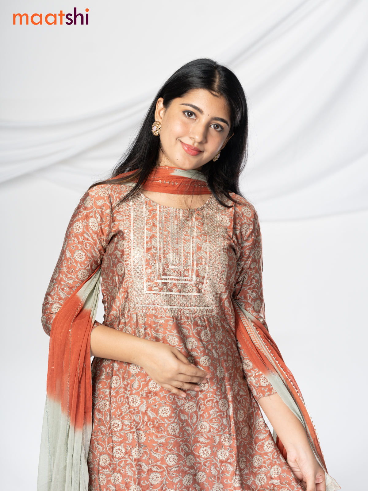 Modal readymade salwar suit pastel rust shade and pastel grey with allover floral prints & sequin work neck pattern and straight cut pant & chiffon sequin work dupatta