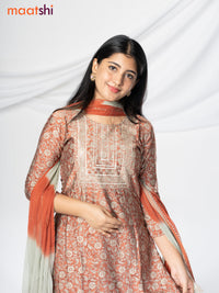 Modal readymade salwar suit pastel rust shade and pastel grey with allover floral prints & sequin work neck pattern and straight cut pant & chiffon sequin work dupatta