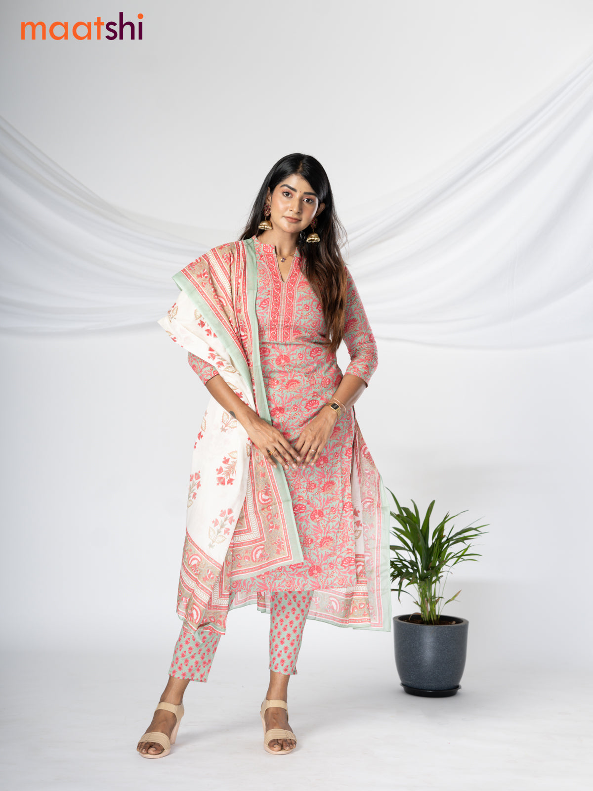 Cotton readymade salwar suit pastel greyish green and pink with allover kalamkari prints & sequin work and straight cut pant & cotton dupatta