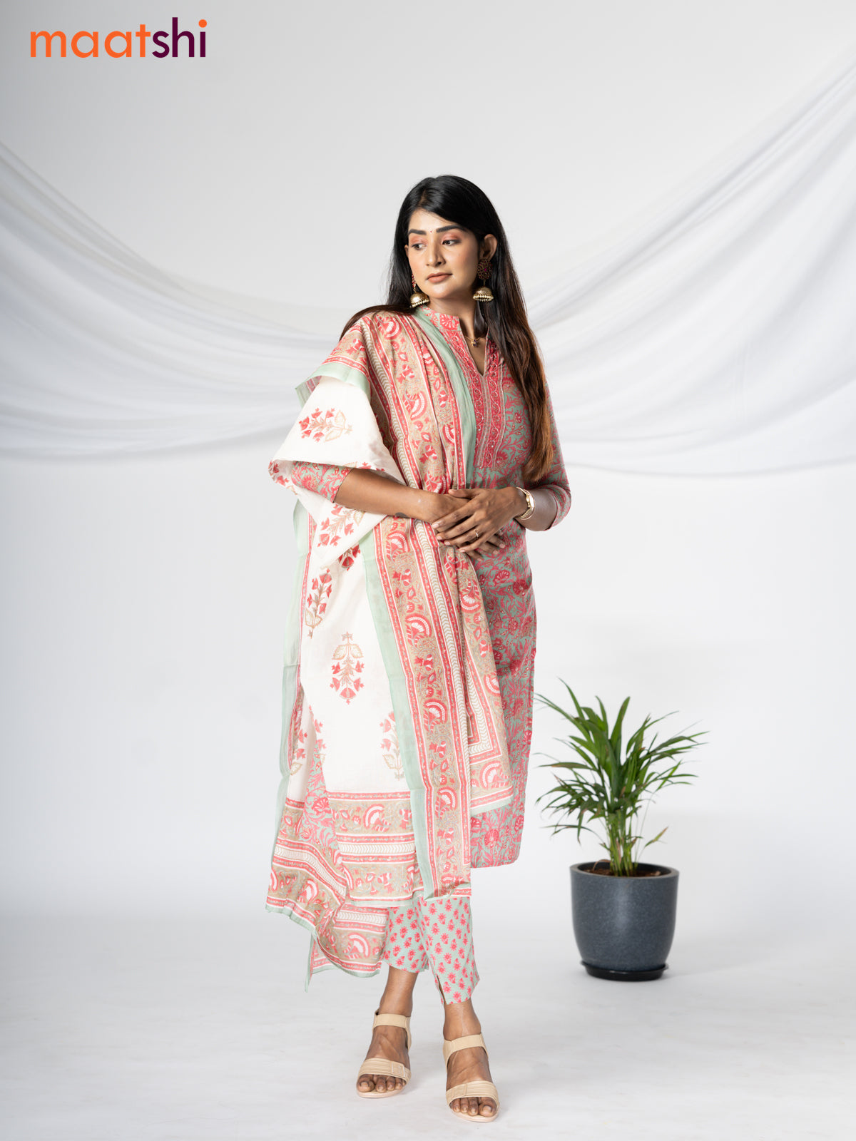 Cotton readymade salwar suit pastel greyish green and pink with allover kalamkari prints & sequin work and straight cut pant & cotton dupatta