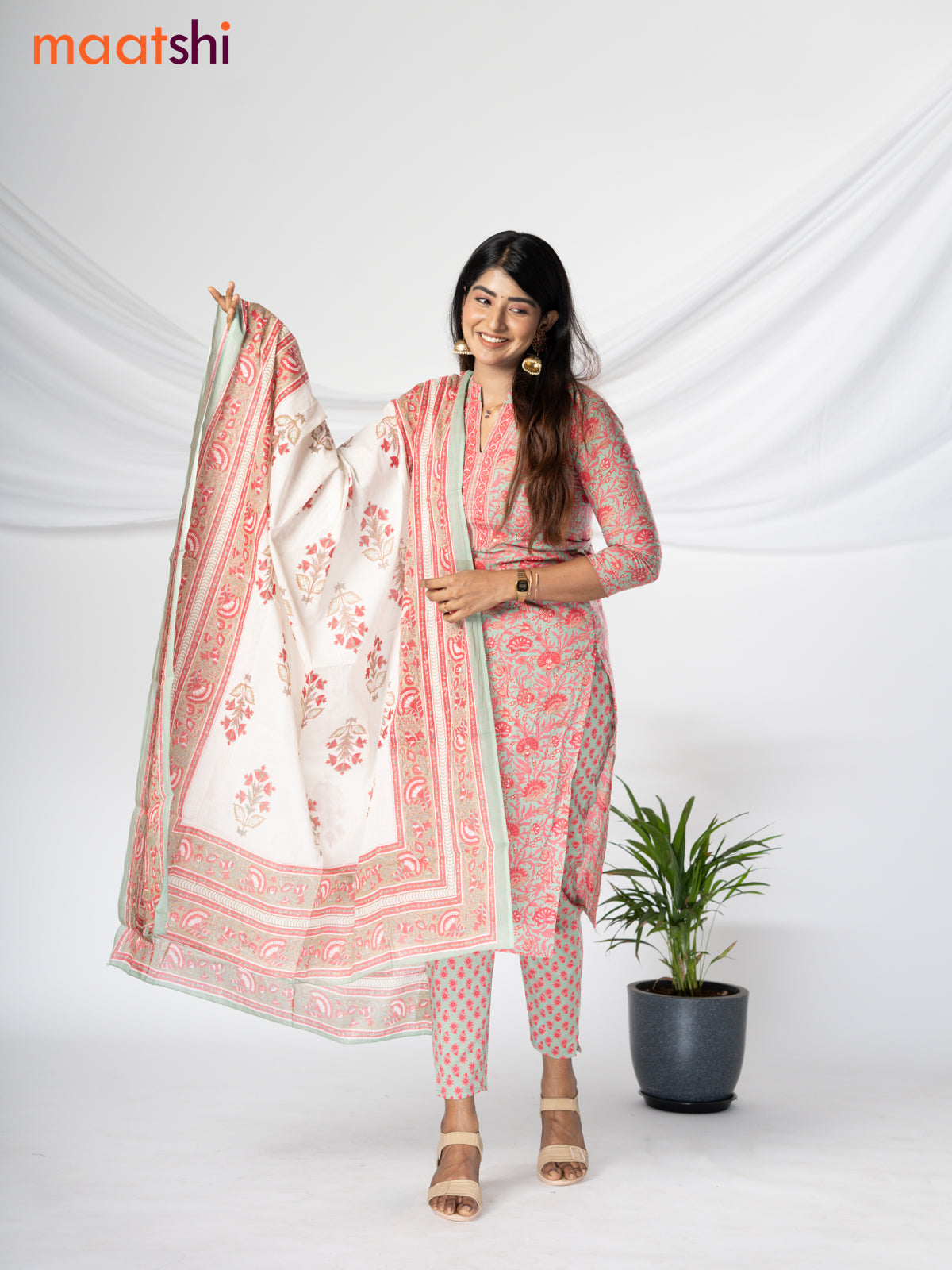 Cotton readymade salwar suit pastel greyish green and pink with allover kalamkari prints & sequin work and straight cut pant & cotton dupatta
