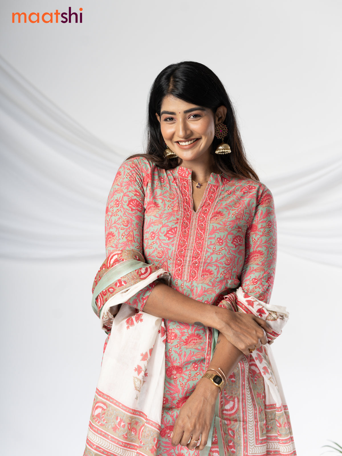 Cotton readymade salwar suit pastel greyish green and pink with allover kalamkari prints & sequin work and straight cut pant & cotton dupatta