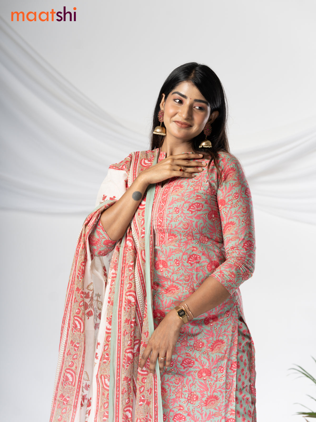 Cotton readymade salwar suit pastel greyish green and pink with allover kalamkari prints & sequin work and straight cut pant & cotton dupatta