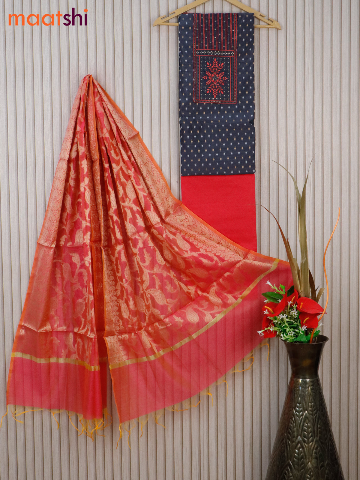 Raw silk dress material elephant grey and pink with allover buttas & embroidery sequin patch work neck patern and bottom & banarasi dupatta
