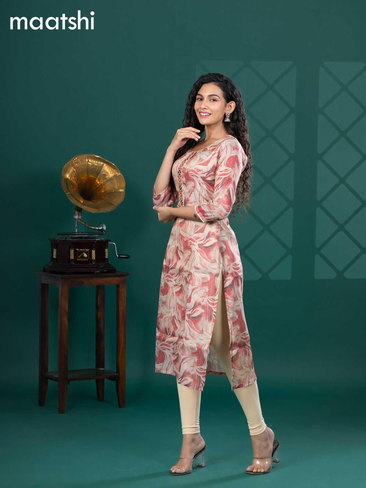 Tissue readymade kurti beige and pink shade with allover floral prints & beaded mirror work neck pattern and without pant