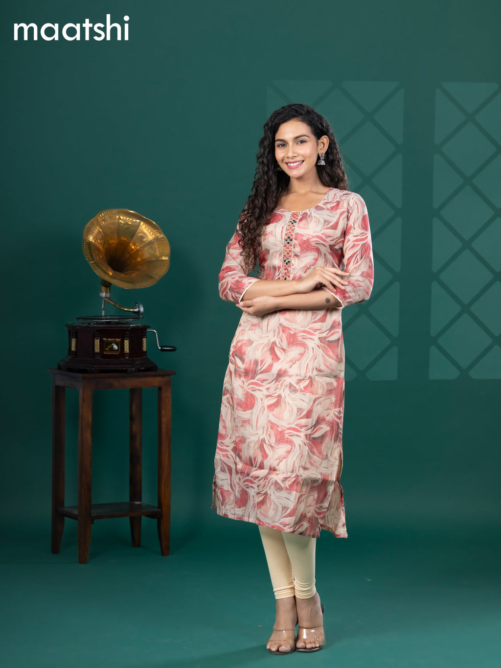 Tissue readymade kurti beige and pink shade with allover floral prints & beaded mirror work neck pattern and without pant