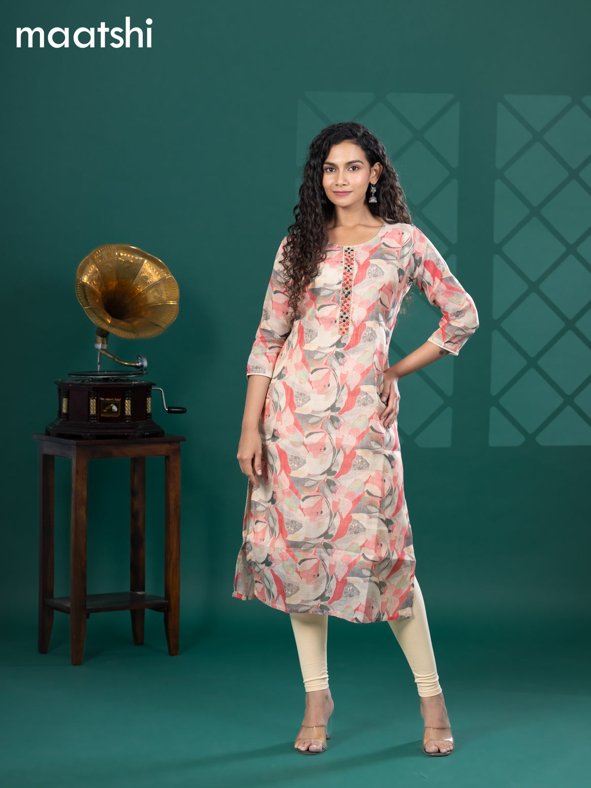 Tissue readymade kurti beige and multi colour with allover prints & beaded mirror work neck pattern and without pant