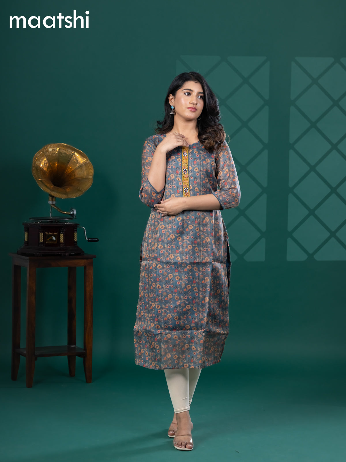 Tissue readymade kurti blue shade with allover floral prints & beaded work neck pattern and without pant