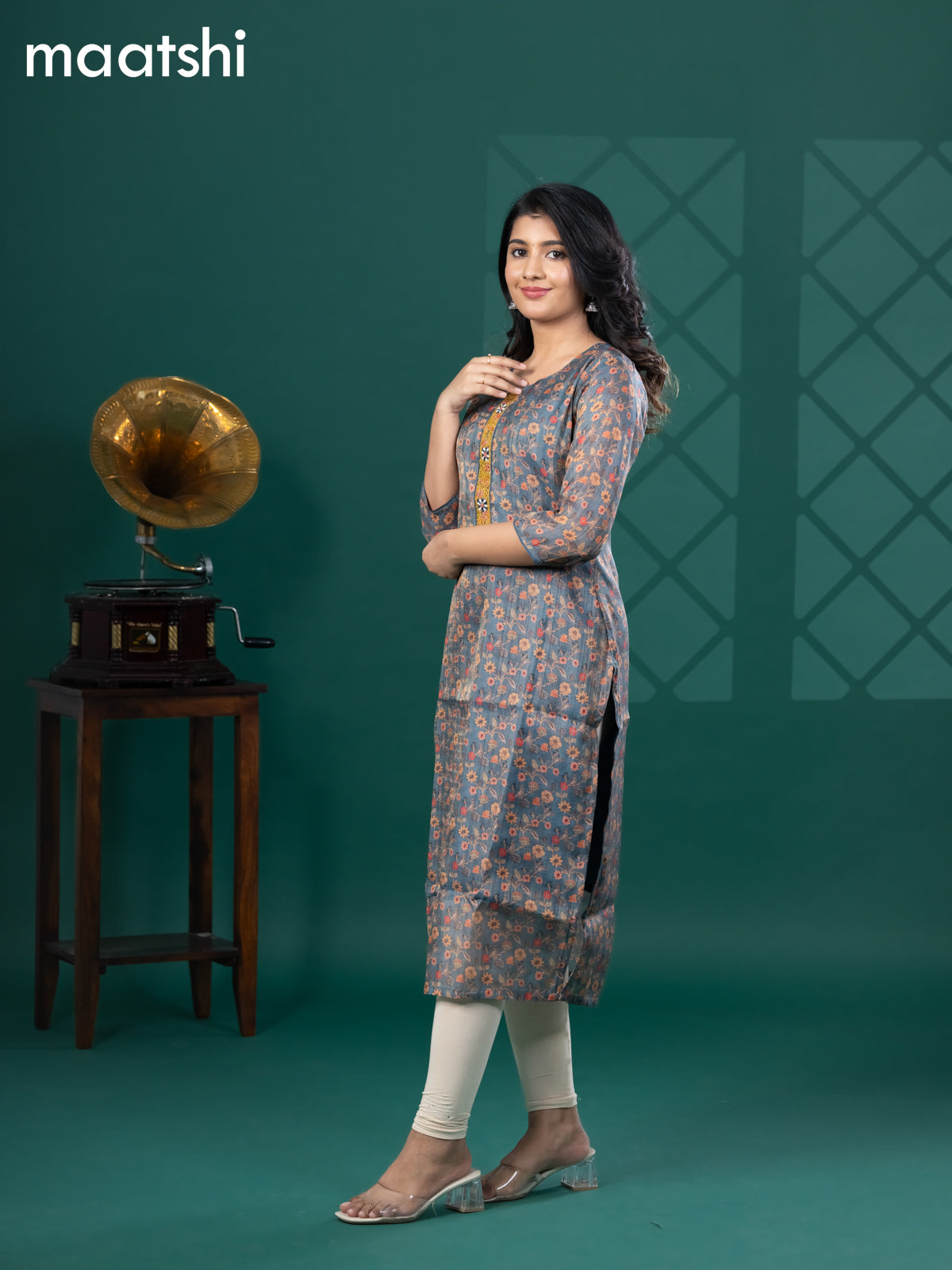 Tissue readymade kurti blue shade with allover floral prints & beaded work neck pattern and without pant