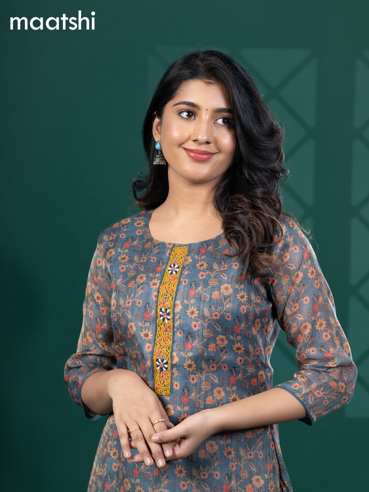 Tissue readymade kurti blue shade with allover floral prints & beaded work neck pattern and without pant