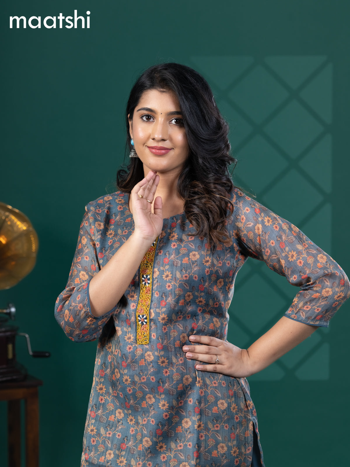 Tissue readymade kurti blue shade with allover floral prints & beaded work neck pattern and without pant