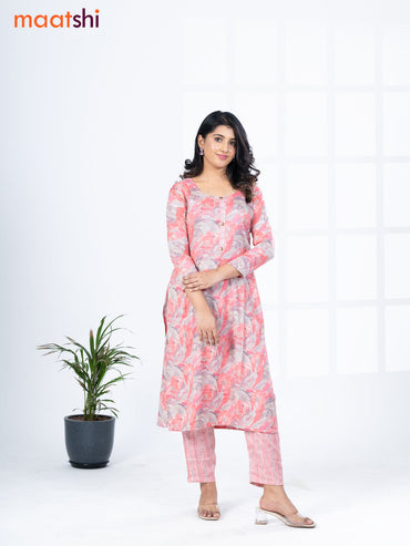 Rayon kurti set red and grey with allover prints & simple neck pattern and straight cut pant