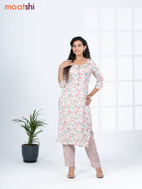 Rayon kurti set off white and multi colour with allover floral prints & simple neck pattern and straight cut pant