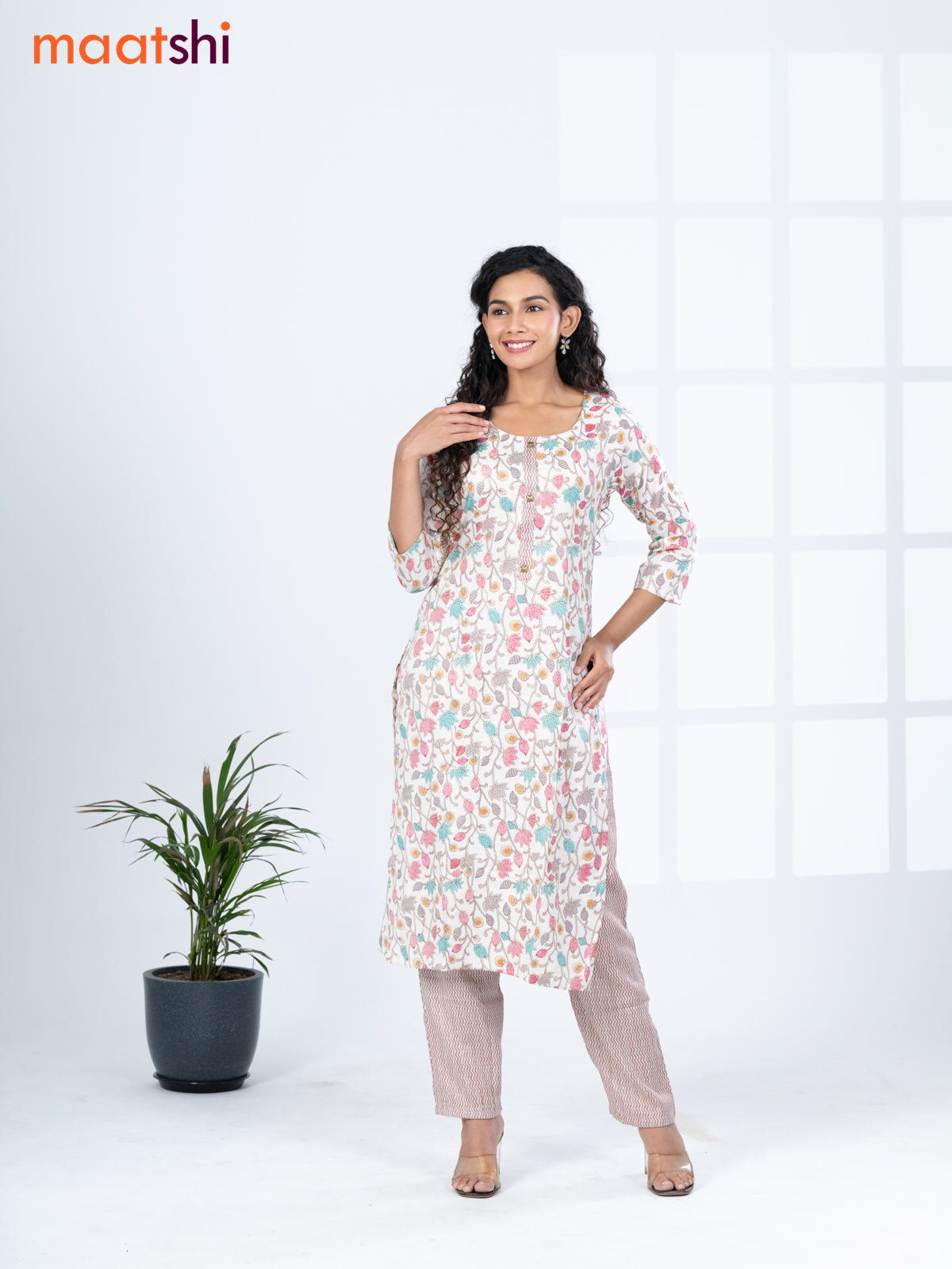 Rayon kurti set off white and multi colour with allover floral prints & simple neck pattern and straight cut pant