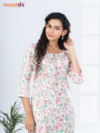 Rayon kurti set off white and multi colour with allover floral prints & simple neck pattern and straight cut pant