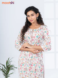 Rayon kurti set off white and multi colour with allover floral prints & simple neck pattern and straight cut pant