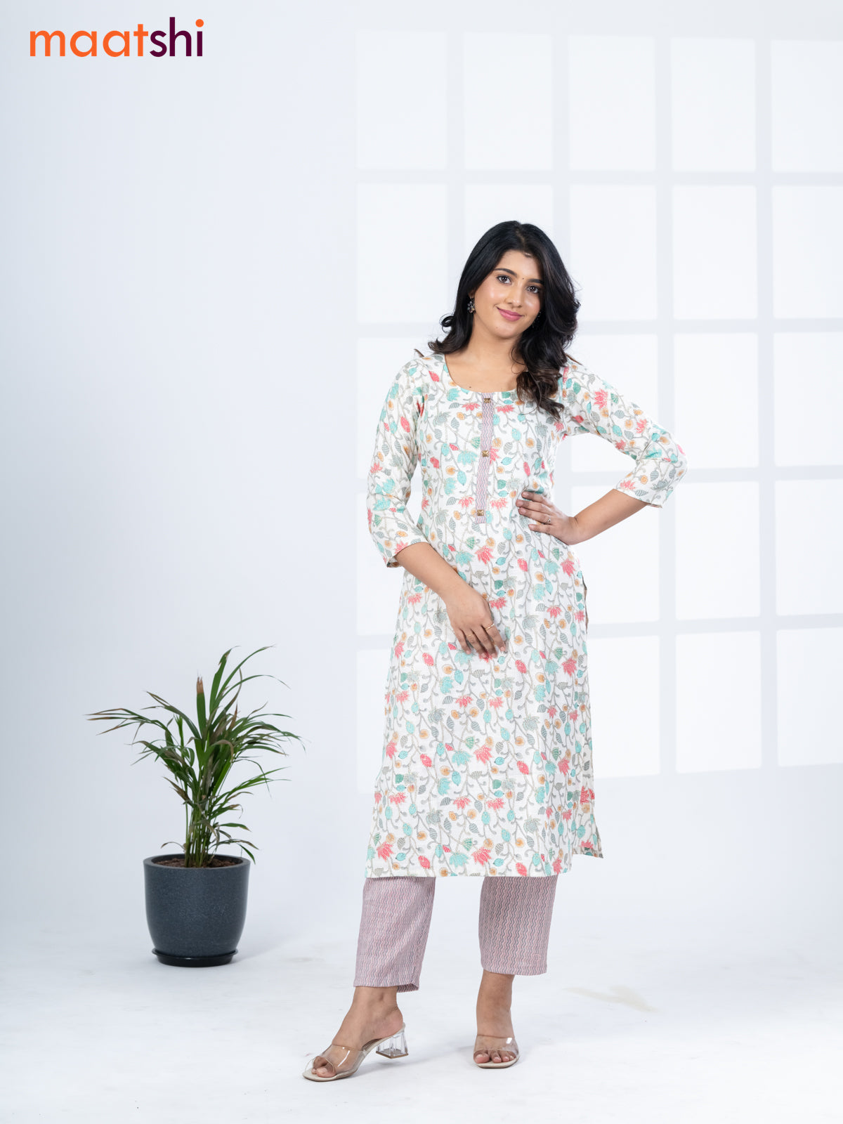 Rayon kurti set off white and teal blue red with allover floral prints & simple neck pattern and straight cut pant