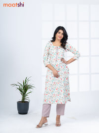Rayon kurti set off white and teal blue red with allover floral prints & simple neck pattern and straight cut pant