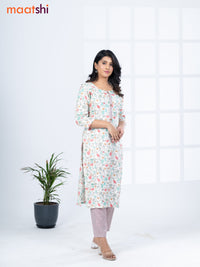 Rayon kurti set off white and teal blue red with allover floral prints & simple neck pattern and straight cut pant