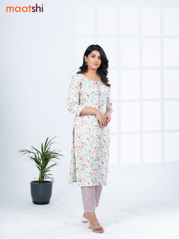 Rayon kurti set off white and teal blue red with allover floral prints & simple neck pattern and straight cut pant