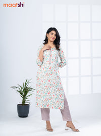 Rayon kurti set off white and teal blue red with allover floral prints & simple neck pattern and straight cut pant
