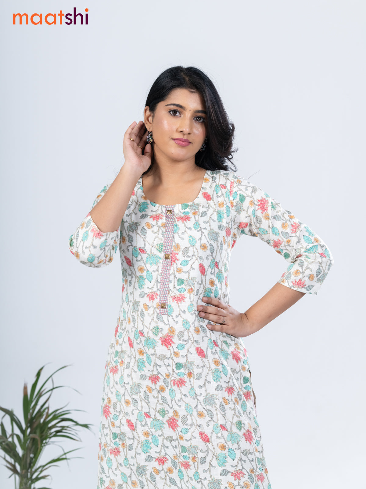 Rayon kurti set off white and teal blue red with allover floral prints & simple neck pattern and straight cut pant