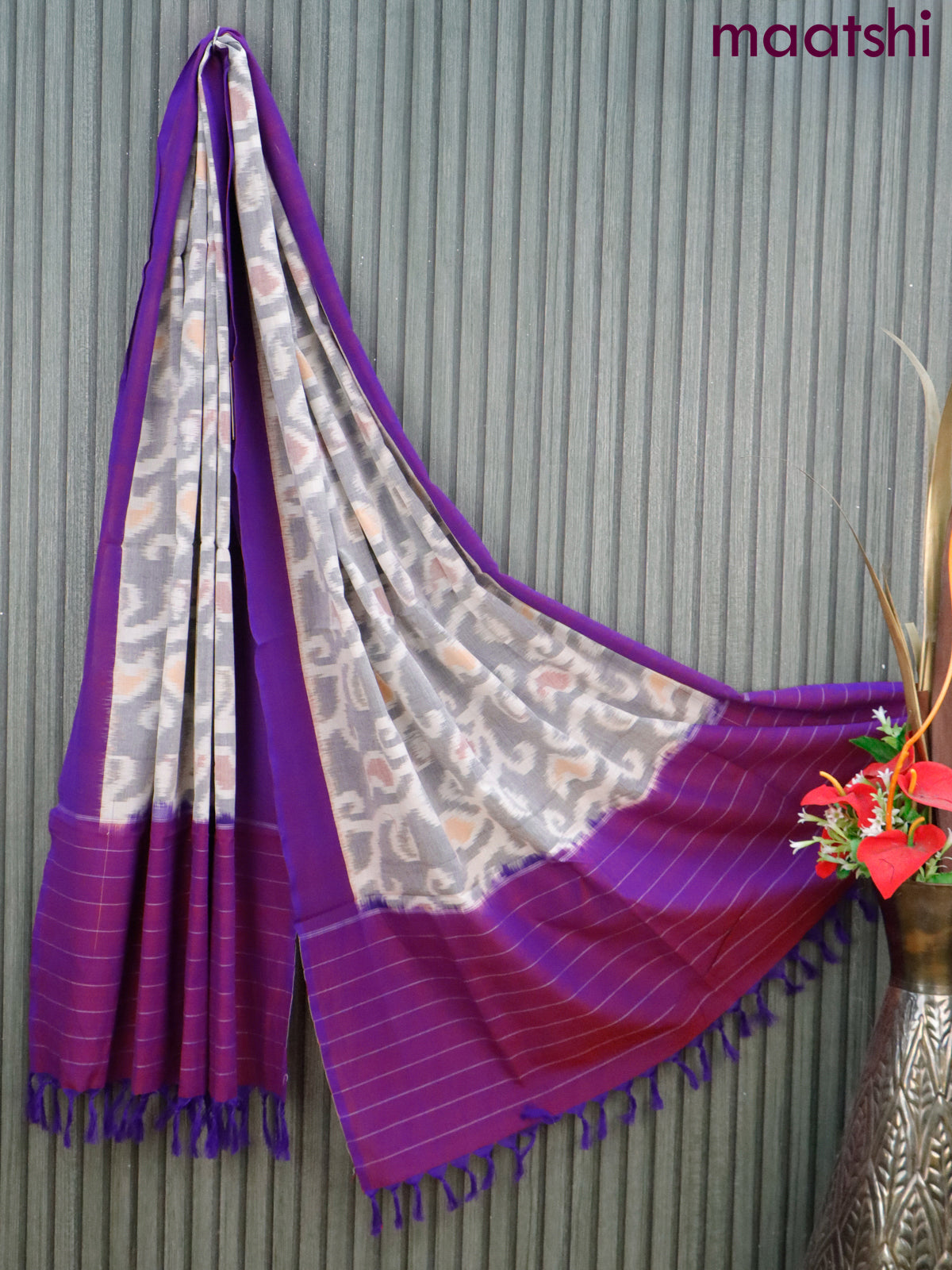 Ikat cotton dupatta grey & off white and purple with allover ikat weaves