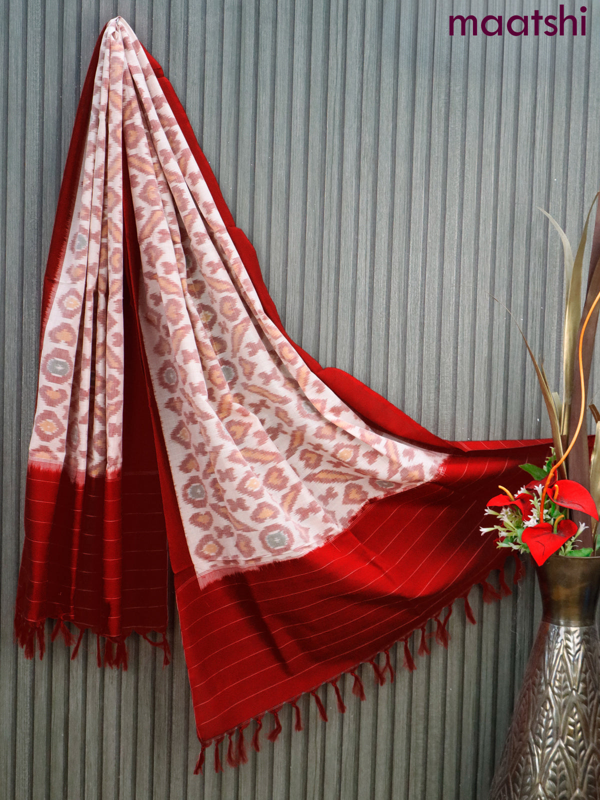 Ikat cotton dupatta off white and red with allover ikat weaves