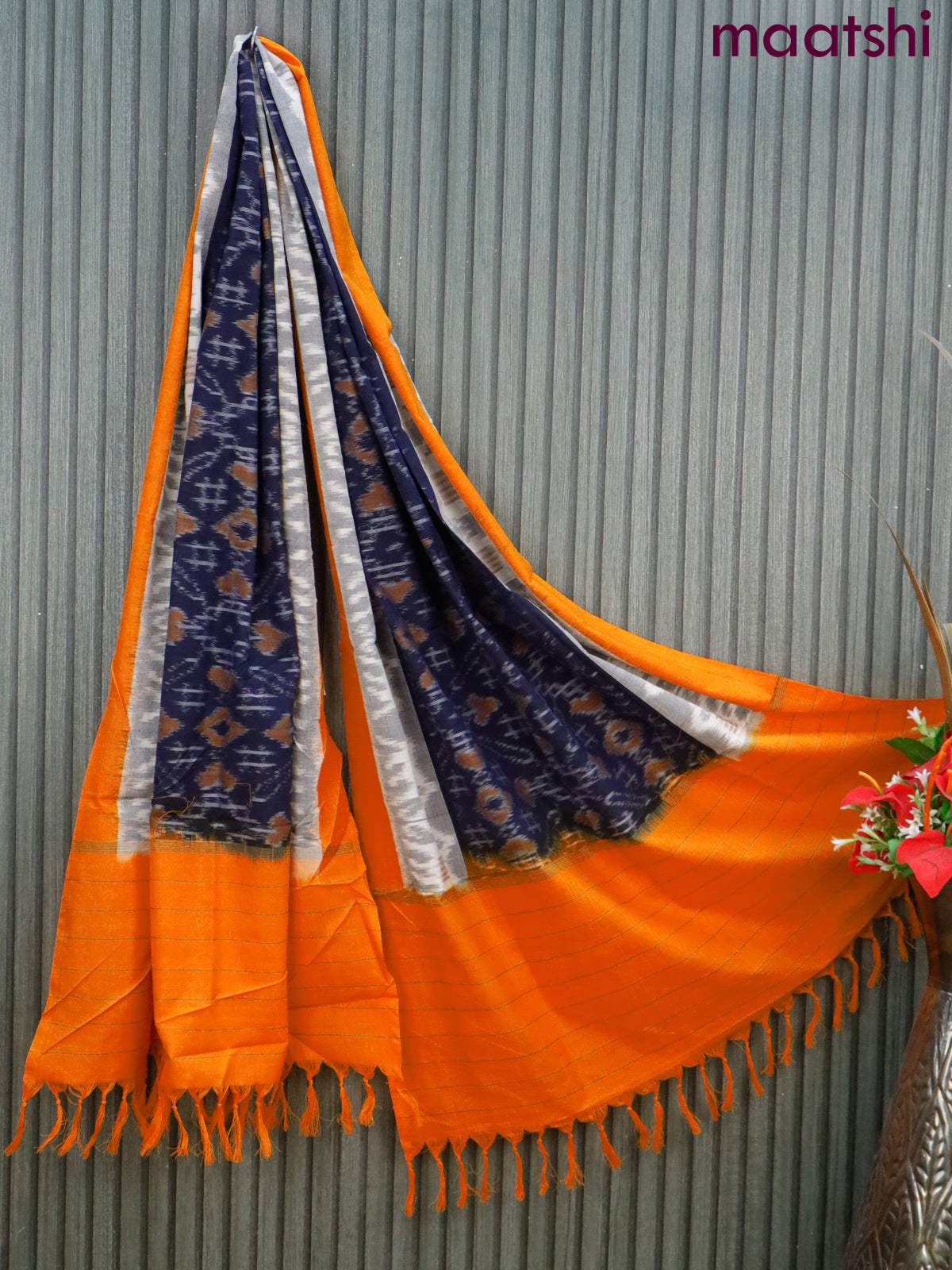 Ikat cotton dupatta navy blue and mango yellow with allover ikat weaves