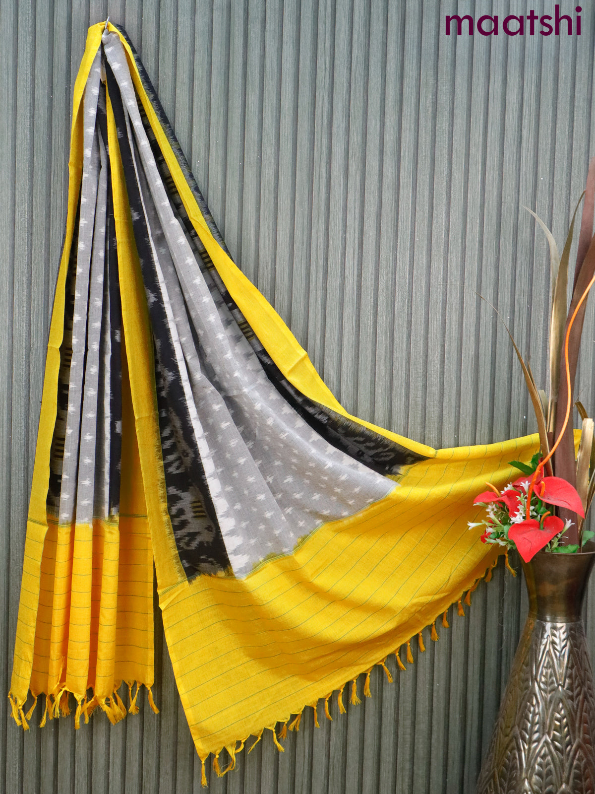 Ikat cotton dupatta grey and black & yellow with allover ikat weaves