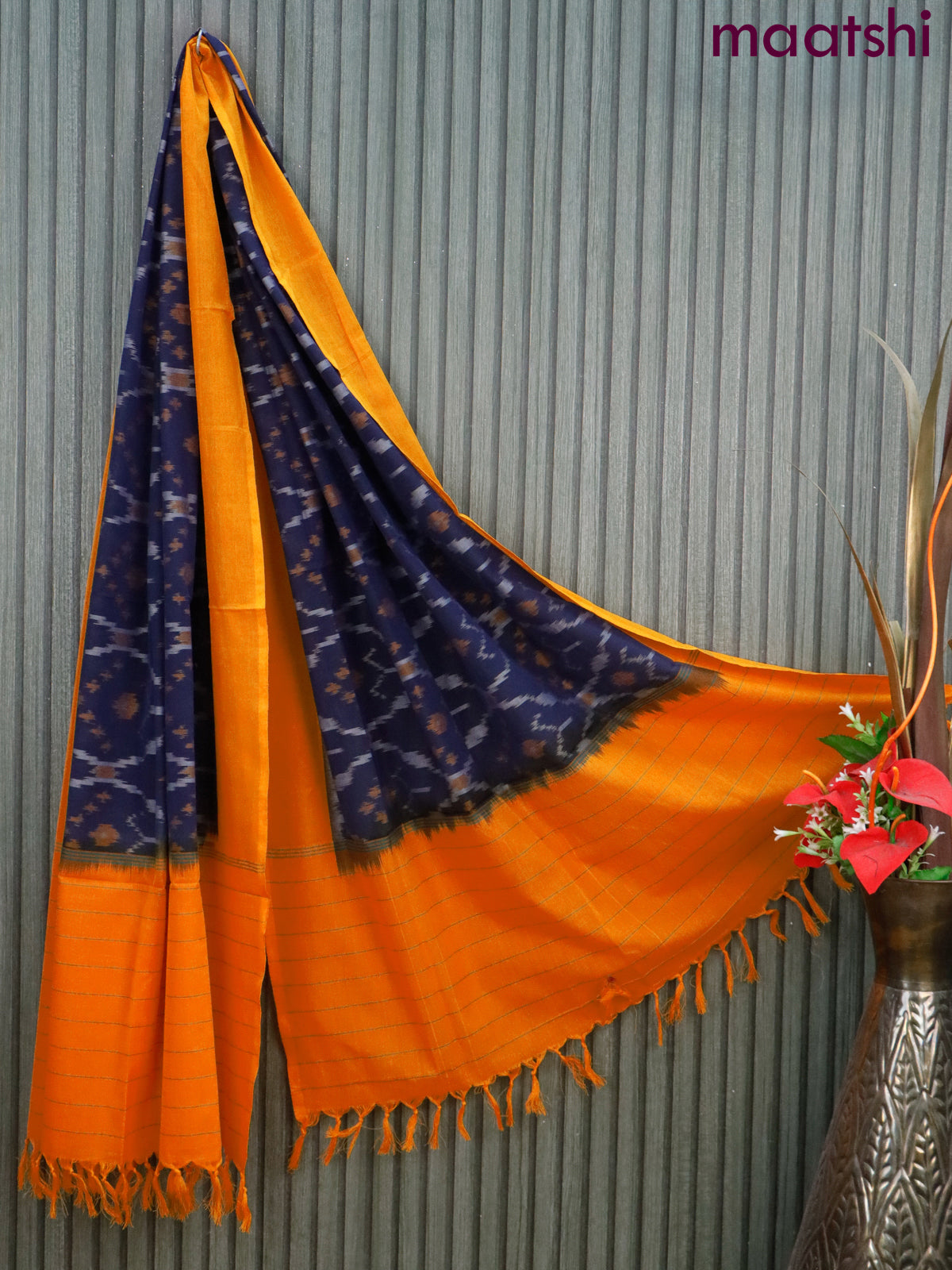 Ikat cotton dupatta dark blue and mango yellow with allover ikat weaves