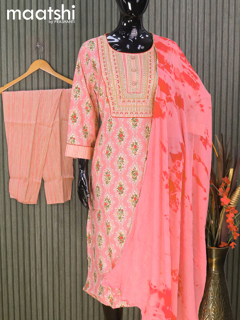 Modal readymade salwar suits peach pink with allover prints & embroidery sequin work neck pattern and straight cut pant & chiffon dupatta